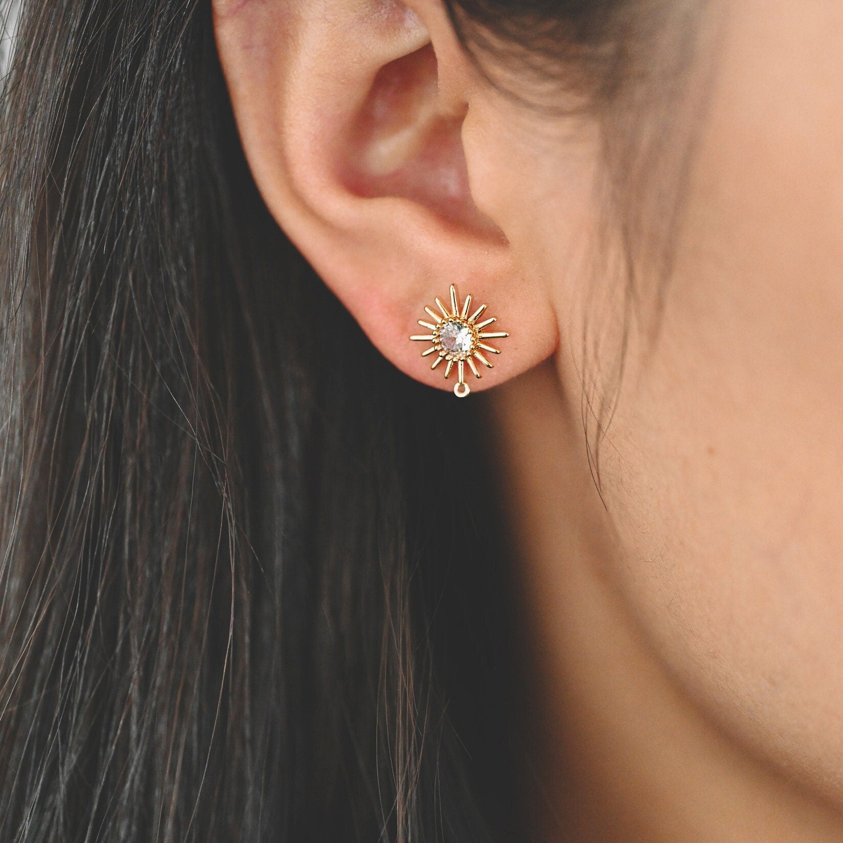 4pcs CZ Pave Gold Sun Earring with Loop, Real Gold Plated Brass Sun Stud Earrings (#GB-2774)